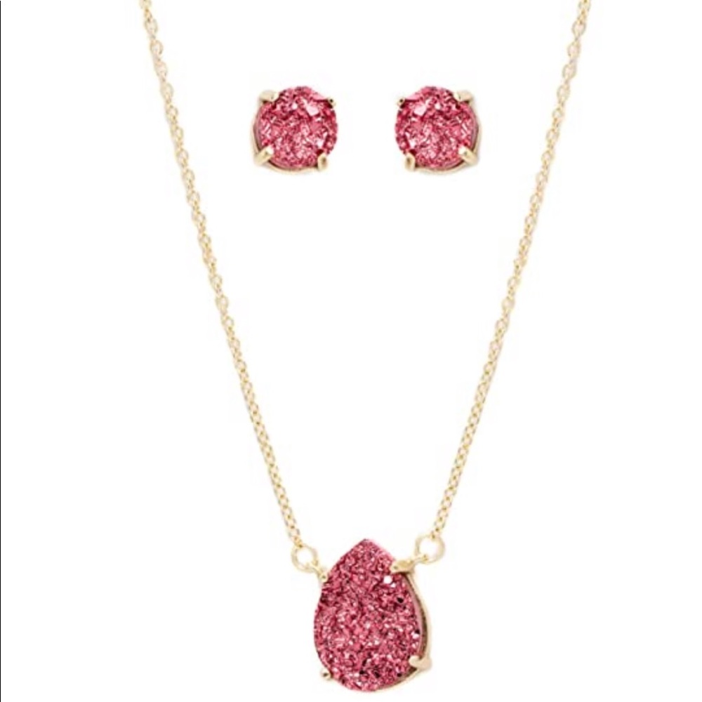 Pink Druzy Necklace & Earring Set